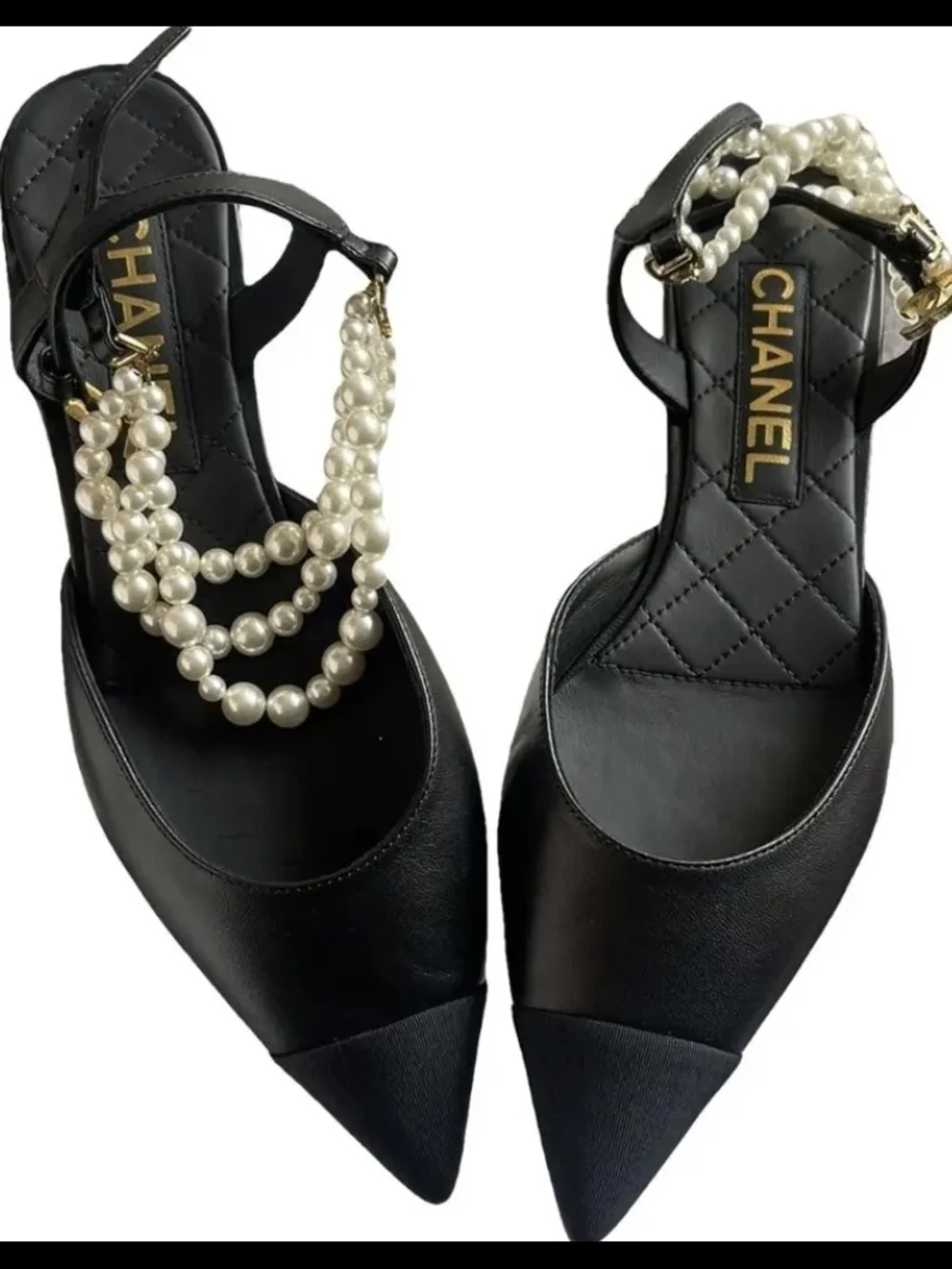 CHANEL black leather pointed-toe flats with pearls